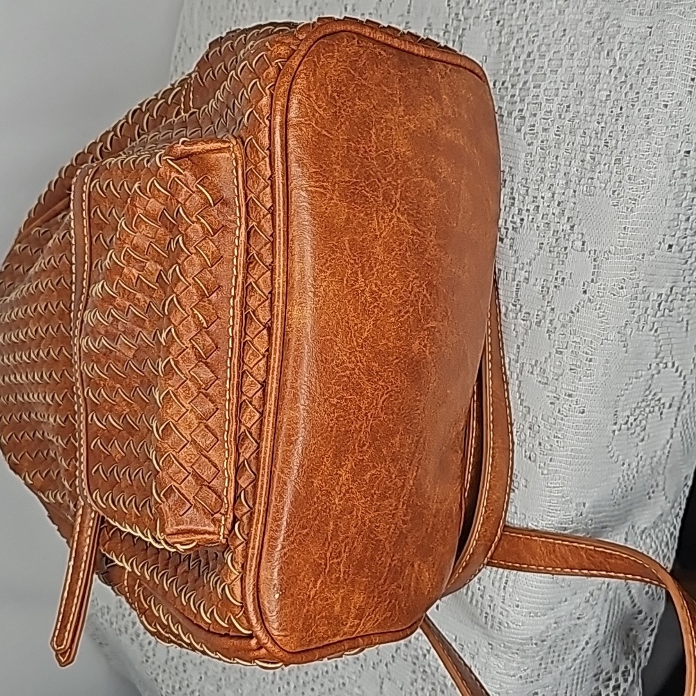 Shomico tan leather woven basket style weaved backpack purse handbag - Picture 6 of 8